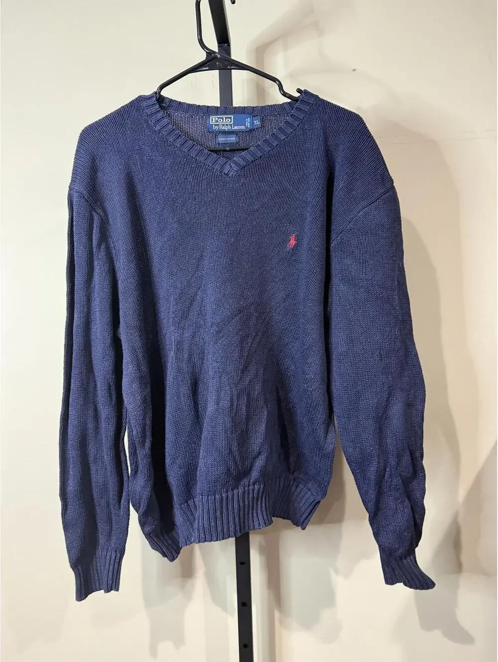 Polo Ralph Lauren Navy Blue V-Neck Sweater with Red Logo XL